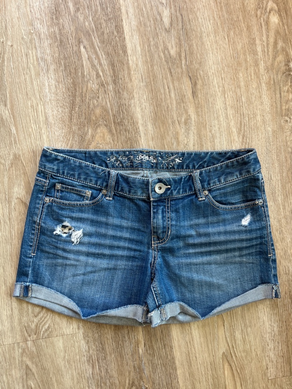 Express Blue Distressed Rolled-Hem Denim Shorts